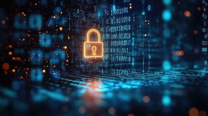 Poster - Futuristic Digital Landscape with Glowing Padlock and Binary Code Cyberpunk Style