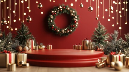 Wall Mural - Christmas Podium Display with Fir Branch Wreath in 3D Illustration  
