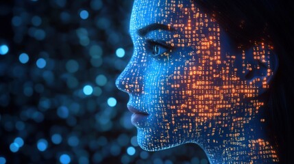 Futuristic Digital Portrait of Woman's Profile with Binary Code and Blue Light in Cyberpunk Style