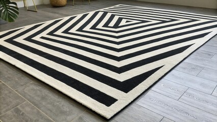Poster - geometric rug with black and white stripes creating an optical illusion effect, placed on a gray woo
