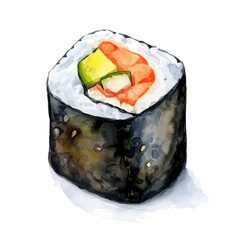 A watercolor clipart of a sushi roll, isolated on a white background. Sushi roll vector.