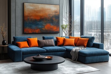 Modern minimalist loft living room with blue sectional sofa and abstract wall art