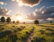 © Kingphet - Cloudy sky with a bright sun shining down on a serene meadow, cloudy sky, fluffy clouds, natural blue