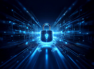 Poster - a glowing padlock sits at the center of a digital circuit board, symbolizing cybersecurity and data 