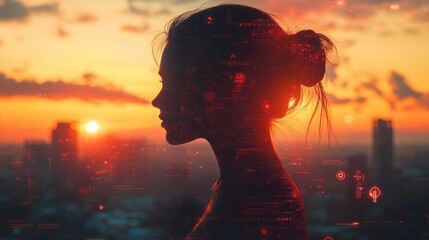 Poster - Woman Cityscape Overlay Digital Data Urban Life