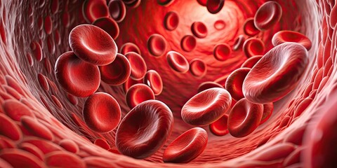 Red blood cells flowing through a vein in a vibrant and dynamic image , biology, circulation, health, medical