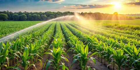 Wall Mural - corn plantation in a lush organic farm field with watering system , agriculture, corn, plantation, o