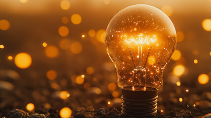 Poster - A light bulb is lit up in a dark background. The light bulb is surrounded by a blurry, glowing background. Concept of mystery and intrigue, as the light bulb stands out against the dark background