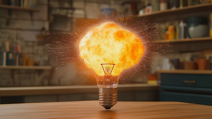 Poster - A light bulb is exploding and the image is in a kitchen. Scene is chaotic and explosive