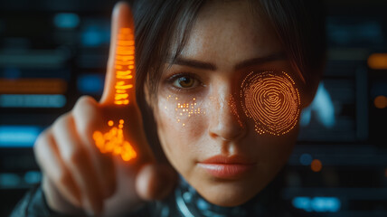 Poster - A woman with a glowing eye is pointing at something. The image has a futuristic and technological feel to it