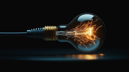 Poster - A light bulb is lit up with a wire coming out of it. The light is bright and the bulb is glowing