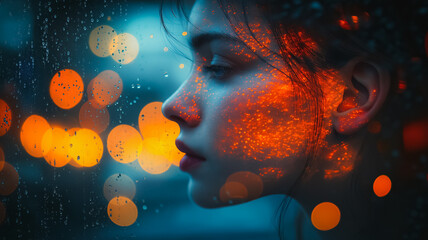 Poster - A woman's face is reflected in a window with a blurry background. The image has a dreamy, ethereal quality to it, as if the woman is looking into a mirror or a distorted reflection