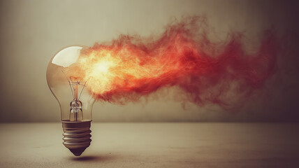 Poster - A light bulb is lit up and surrounded by a red flame. Concept of energy and excitement, as if the light bulb is a symbol of innovation and creativity. The red flame adds a dramatic