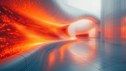 Poster - A futuristic, metallic tunnel with a red wall and orange lights. The tunnel is long and narrow, with a reflective surface that adds to the futuristic feel