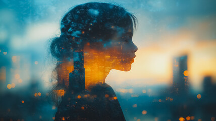 Canvas Print - A girl's silhouette is reflected in a window, with the city lights visible in the background. Concept of loneliness and isolation, as the girl is the only figure visible in the frame