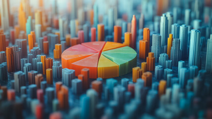 Poster - A colorful pie chart is placed on top of a city skyline. The pie chart is divided into six slices, each with a different color. The city skyline is filled with tall buildings