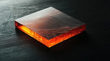 Poster - Captivating Close-Up of a Translucent Orange Resin Block on a Dark Surface Highlighting Intricate Textures and Unique Patterns Created by Light Reflection