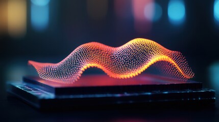 Poster - Abstract Visualization of Vibrant Light Waves Forming a Three-Dimensional Geometric Pattern on a Dark Background in a Contemporary Digital Art Style