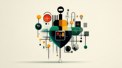 Poster - Abstract illustration depicting healthcare technology with heart symbols, medical icons, and data visualization elements representing modern health monitoring systems