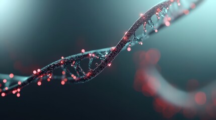 Poster - Abstract Representation of DNA Helix with Glowing Particles Floating in a Dark Background, Symbolizing Genetic Research, Biology, and Technology Innovation
