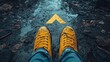 © huynh - Feet positioned between two arrows on a road represent a point of decision-making