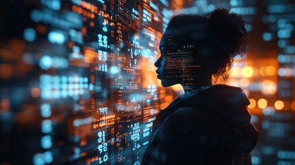 Futuristic Digital Workspace with Hologram Coding and Data Analytics by an Attractive Concentrated Woman in Cyber Technology