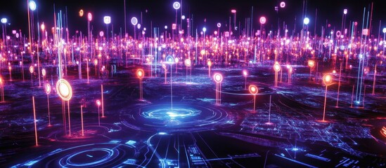 Wall Mural - futuristic digital landscape with glowing nodes and lines.
