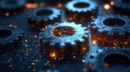 Gears and a polygonal mesh background with digital technology elements represent a business science or tech concept in a gray color scheme