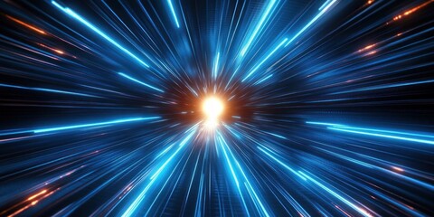 Poster - Futuristic Light Tunnel with Intense Blue and White Beams Converging in Dynamic Motion