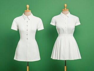 Two white mannequin dresses with button details on green background showcasing minimalistic fashion design and tailoring
