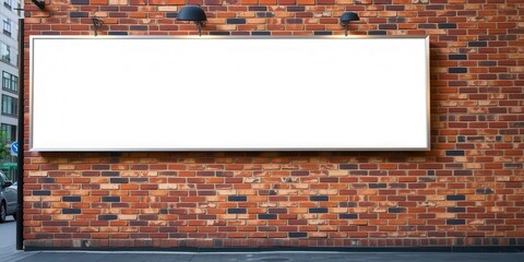Poster - Glued poster mockup on brick wall with man standing beside it, empty, display, brick wall