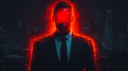 Poster - a man in a suit with a red face mask. the man is surrounded by a cityscape