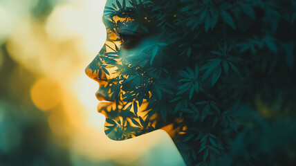 Poster - A woman's face is shown in a green leafy background. The image has a dreamy, ethereal quality to it, as if the woman is a part of the foliage. The use of green leaves