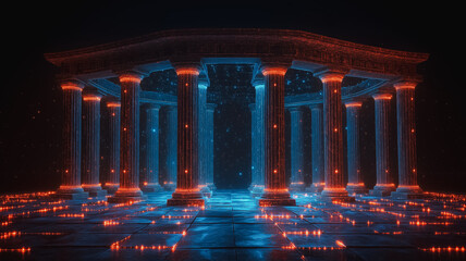 Poster - A large, empty building with blue and red pillars. The blue pillars are lit up and the red pillars are lit up as well. The building appears to be a large, empty space with a futuristic feel