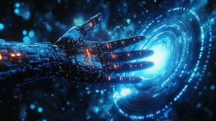Aufkleber - robot hand reaching portal glowing blue futuristic technology cyberpunk connection big data AI machine learning
