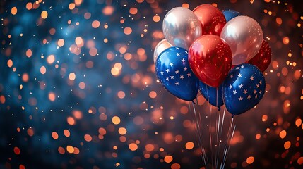 Wall Mural - Red, white, and blue balloons float against a backdrop of the American flag and fireworks, with a banner providing copy space for a 4th of July celebration