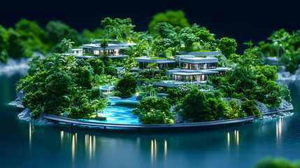 Poster - A serene, luxurious island resort featuring modern architecture surrounded by lush greenery and tranquil waters