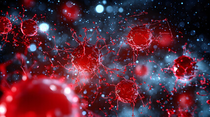 Poster - A vibrant depiction of red cells amidst a dark, cosmic background, illustrating a microscopic world filled with intricate details and dynamic movement