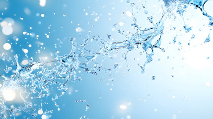 Poster - A vibrant splash of water against a soft blue background, capturing the essence of fluidity and motion with sparkling droplets