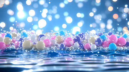 Fototapete - A vibrant scene featuring colorful spheres floating on water, surrounded by shimmering lights and a dreamy blue backdrop, creating a whimsical atmosphere