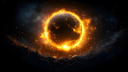 Aufkleber - A glowing, fiery ring surrounds a dark planet, set against a cosmic backdrop, evoking a sense of mystery and celestial energy