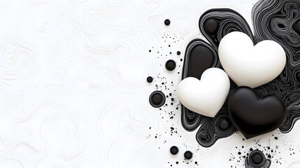 Poster - The image features black and white heart-shaped objects arranged against an abstract background with swirling patterns