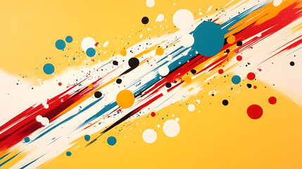 Poster - A vibrant abstract artwork featuring dynamic color streaks, dots, and splashes on a bright yellow background