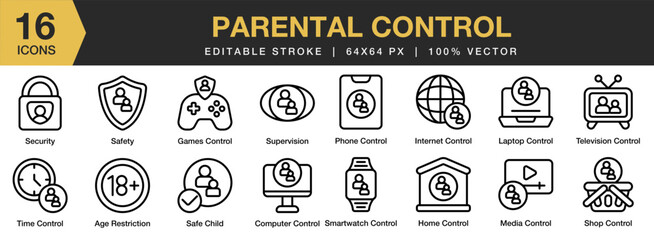 Wall Mural - Parental Control icon set. Editable Stroke Icon Collection. Includes internet, control, protection, parental, security, and More. Outline icons vector collection.