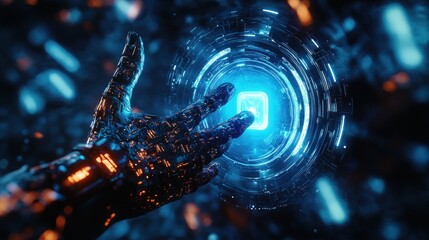Aufkleber - Robotic Hand Touching Glowing Blue Portal Interface Cyberpunk Future Technology