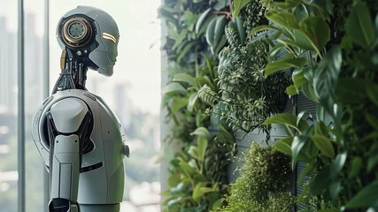Leinwandbilder - A futuristic robot stands next to a lush green wall filled with various plants.