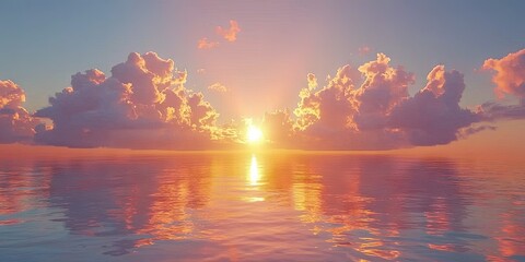 Wall Mural - Thick clouds hovering over a calm ocean, with the setting sun reflecting golden and pink streaks on the water below. 