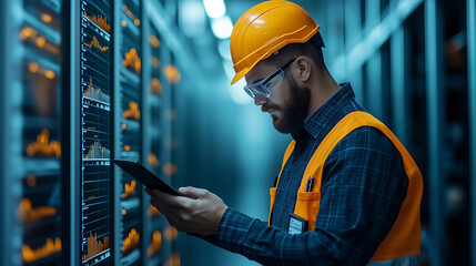 Poster - logistics professional in safety helmet and vest checks data on tablet in server room, showcasing modern technology and safety in workplace