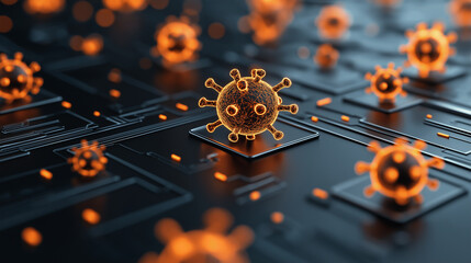 Fototapete - digital representation of virus on circuit board, showcasing futuristic design with glowing orange elements. This symbolizes technology and health