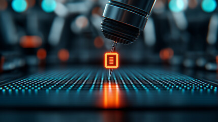 Fototapete - close up view of robotic arm placing microchip on circuit board, showcasing advanced technology and precision in electronics manufacturing